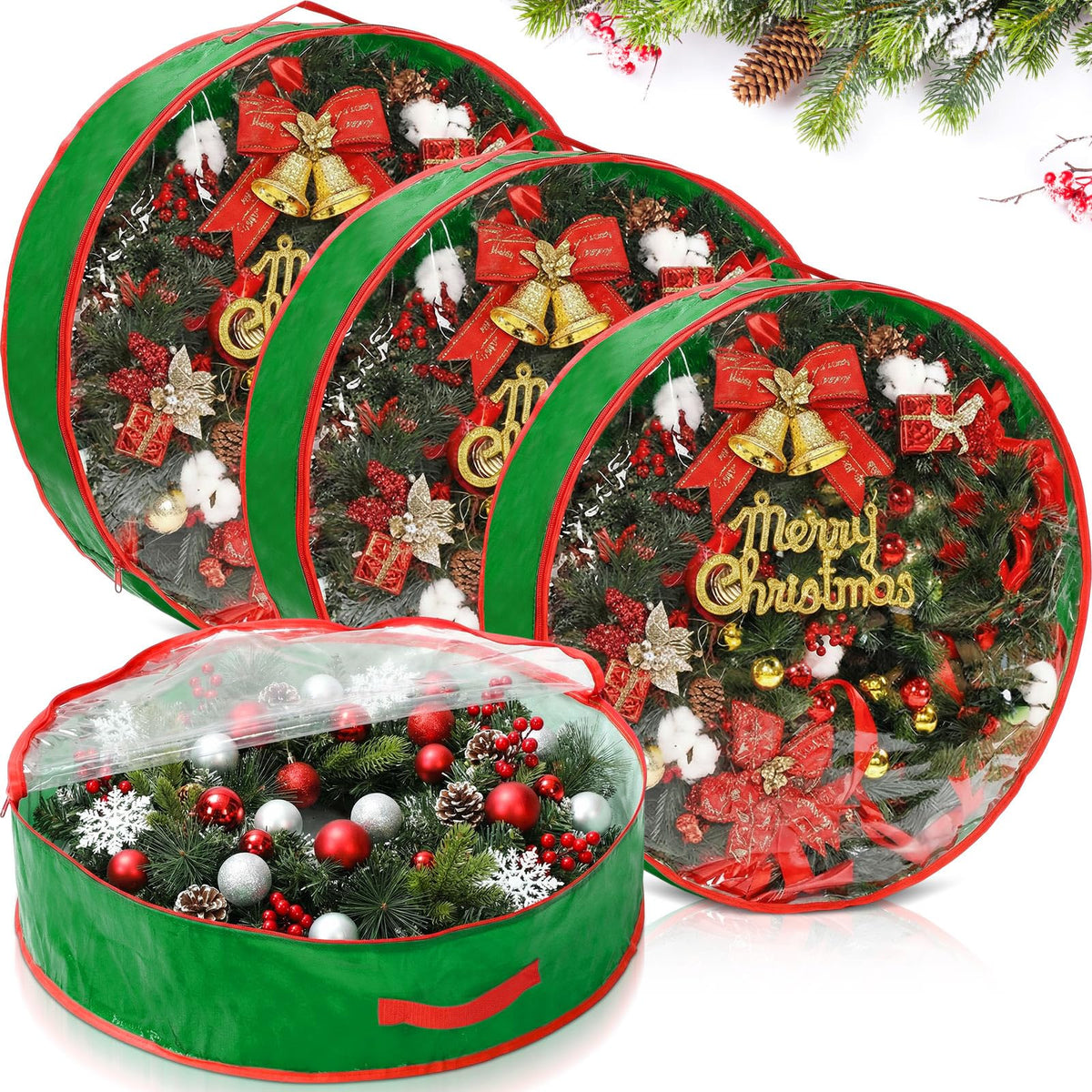 Aliceset 4 Pack Wreath Storage Containers, Ornament Garland Wreath Storage Bags with Handle Zipper Decorative Storages Box for Christmas in July Wreaths(24 x 24 x 7.8 Inch,Light Green)