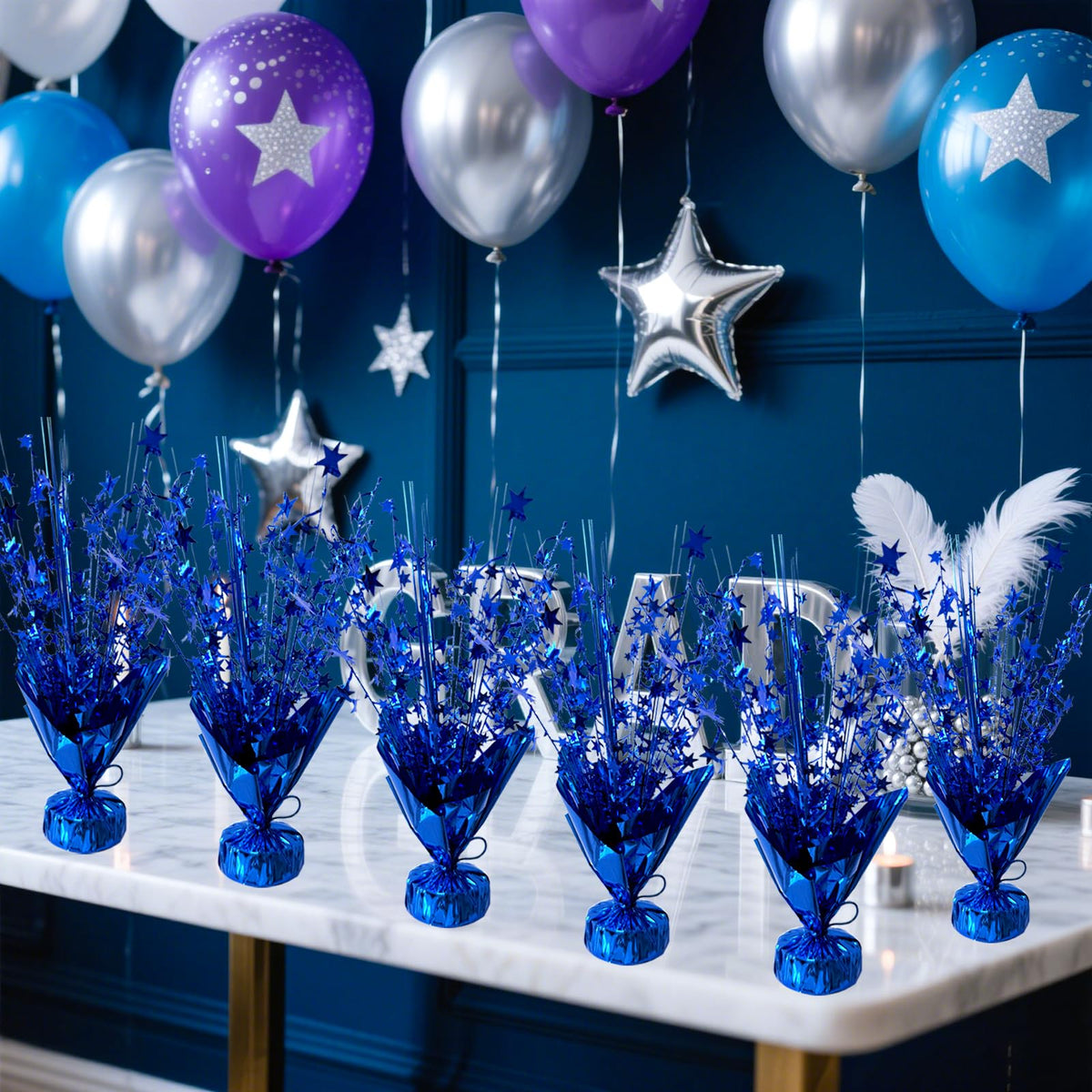 YinNorth 12 Pcs Metallic Foil Spray Centerpiece Party Star Table Decoration Brust Glitter Table Topper Decor for Birthday Graduation Holiday Christmas Dining Celebration New Year Party Supplies, Blue