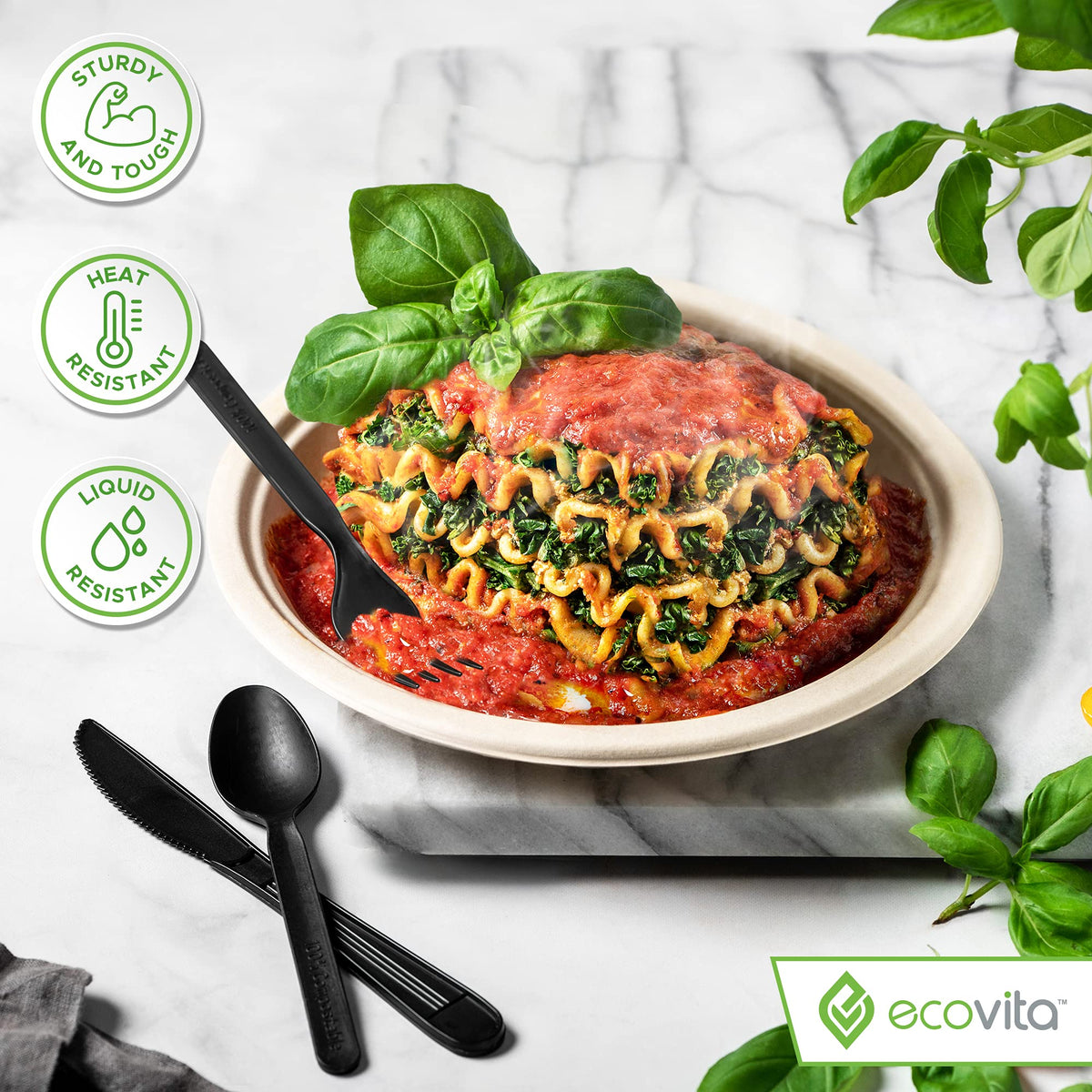 Ecovita 100% Compostable Forks Spoons Knives Cutlery Combo Set - 380 Large Disposable Utensils (7 in.) Eco Friendly Durable and Heat Resistant Alternative to Plastic Silverware with Convenient Tray