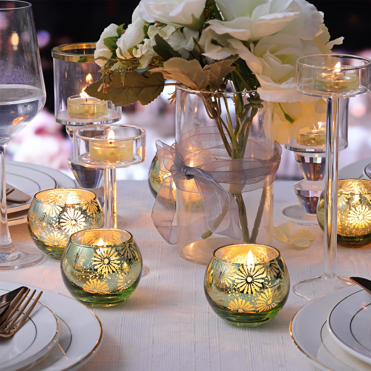 sunnyfuture Green Mercury Glass Votive Candle Holders Set of 12, Round Tealight Candle Holders Bulk for Table Centerpieces, Weddings, Shower Gifts, Christmas, Halloween Party Decorations