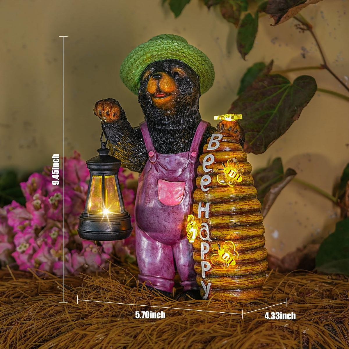 Joint Honglin Solar Black Bear Garden Statue with Lighted Beehive & Lantern, Resin Bear Holding Honey Bee Hive, Outdoor Waterproof Solar Garden Decor, Yard Lawn Patio Porch Farmhouse Decoration