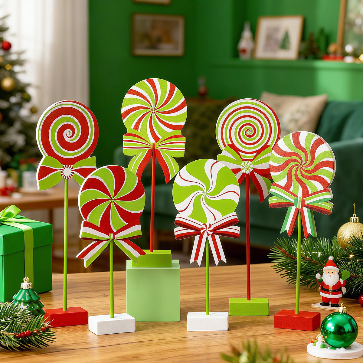 Amyhill 6 Pcs Christmas Candy Wooden Tabletop Decor Candy Cane Tall Standing Wooden Block Xmas Cane Table Centerpiece Sign for Christmas Tiered Tray Home Desk Office Party Decoration