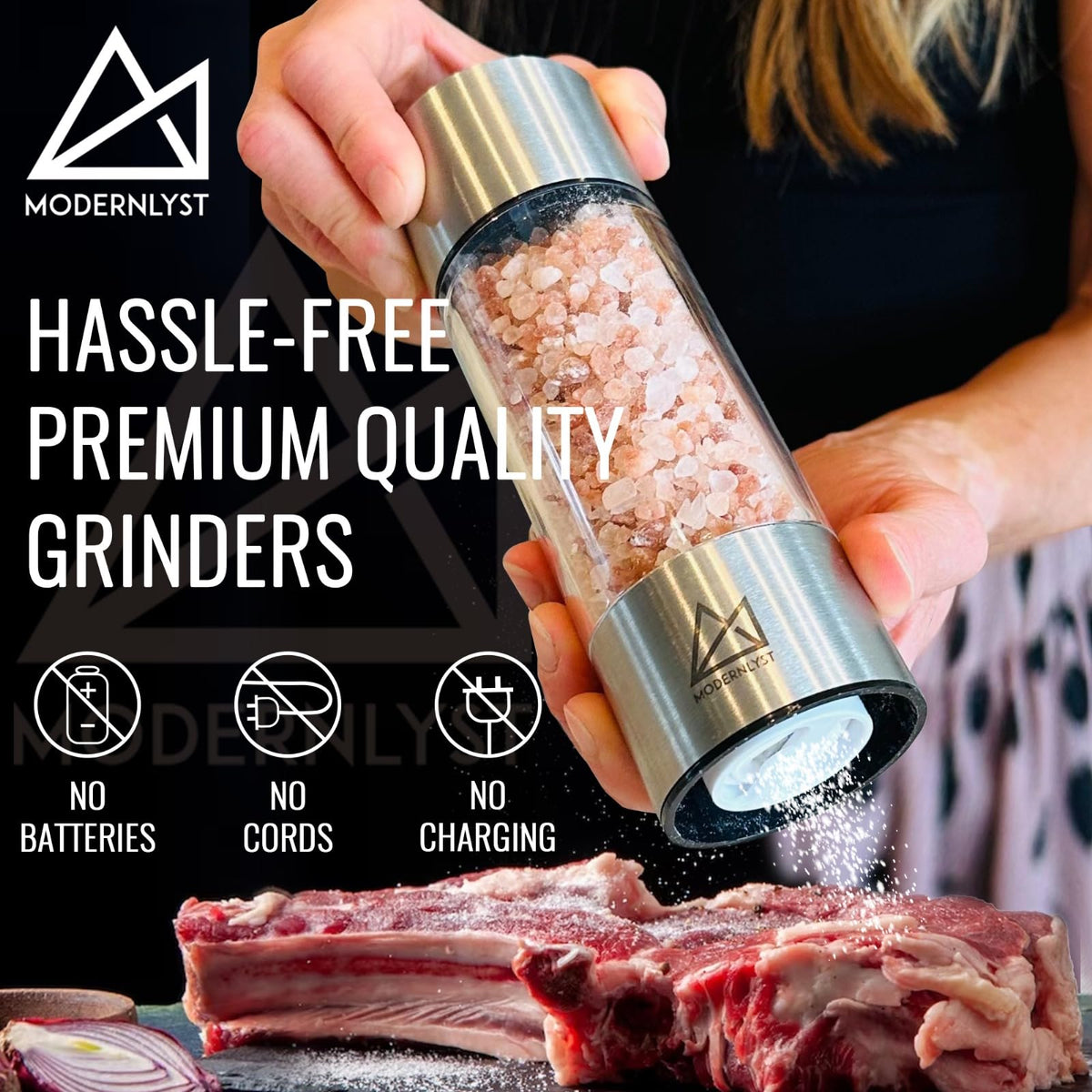 MODERNLYST Salt and Pepper Grinder Set Manual 2 Pack | Large Round Salt and Pepper Shakers Set | 7.5 inch Stainless Steel Salt Grinder Refillable | Manual Pepper Grinder (Stainless Steel)