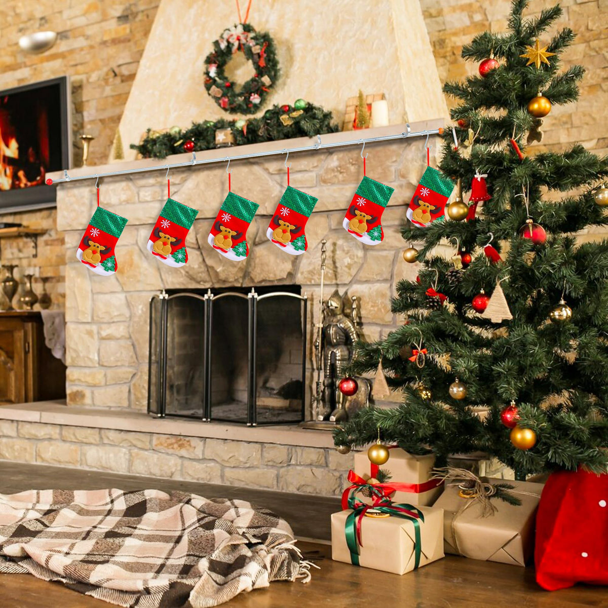 Muximud 3 in 1 Christmas Fireplace Stocking Holders for Mantel, 59" Adjustable Metal Mantel Garland Stocking Hanger Rod with 10 Hooks for Holiday Fireplace Counter Window Decoration
