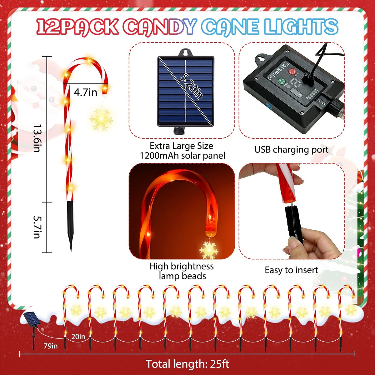 Solar Candy Cane Lights, 12 Pcs Christmas Decorations Outdoor, 8 Modes and Timer, Solar & USB Rechargeable, Waterproof Pathway Lights for Outdoor Christmas Yard Patio Walkway Decor