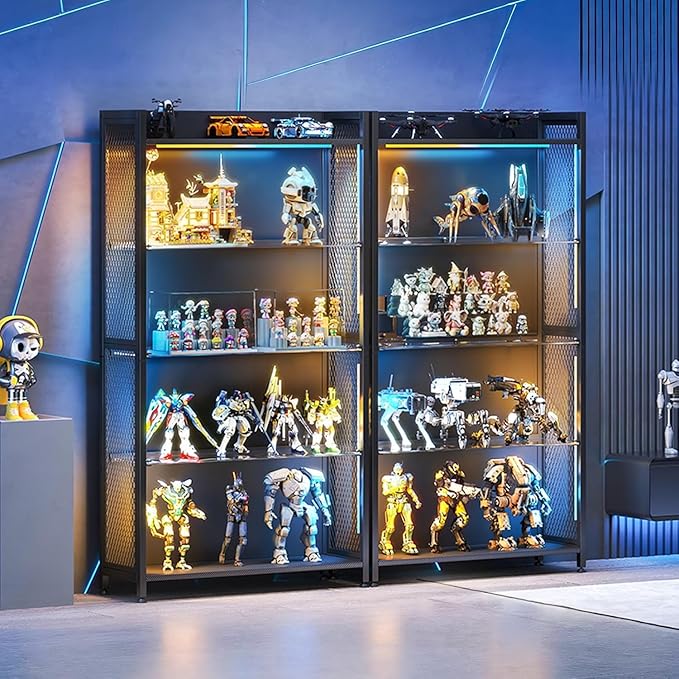 AODK Display Case with LED Lights, Display Cabinet with Glass Storage Shelves