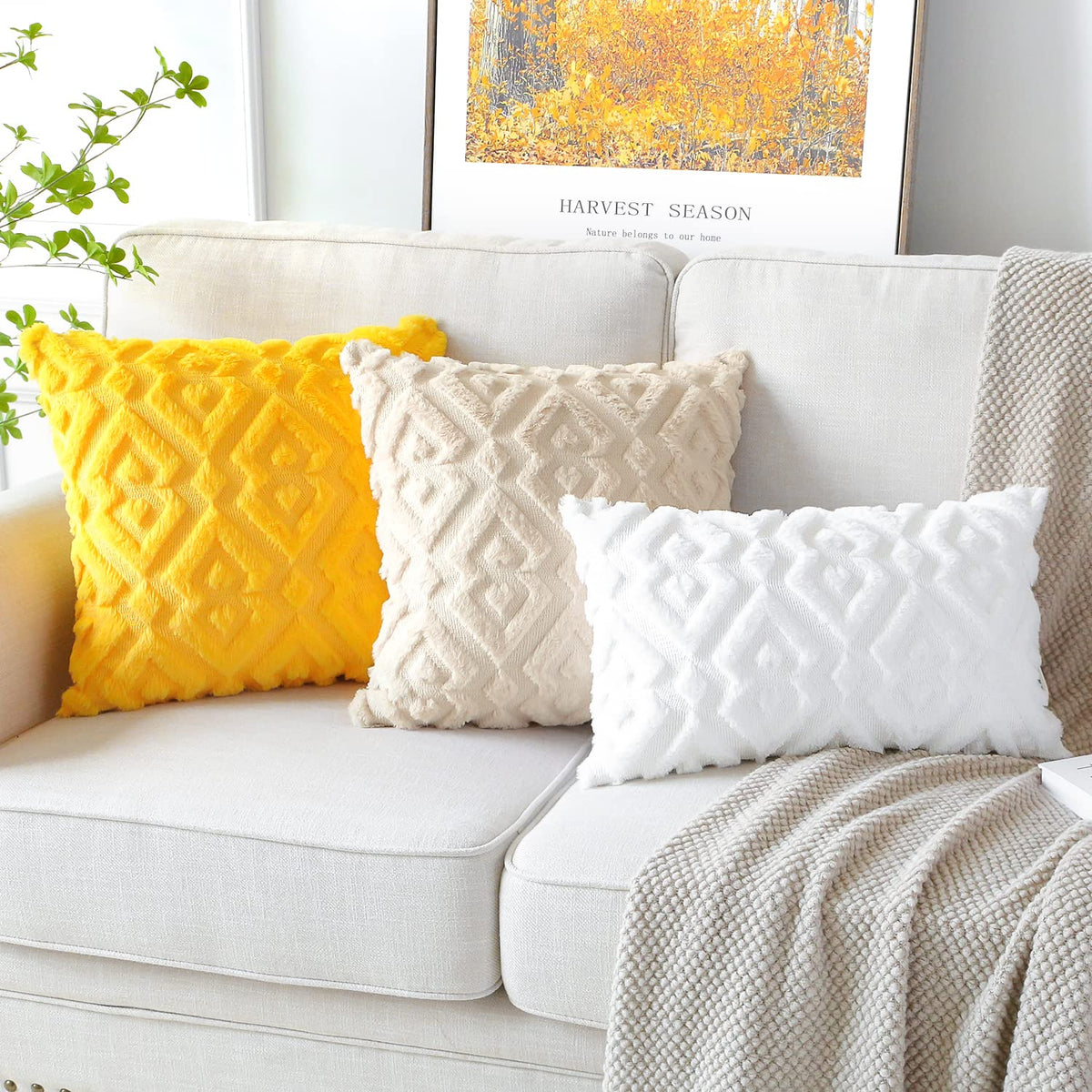 Artscope Pack of 2 Soft Plush Short Wool Velvet Decorative Throw Pillow Covers Luxury Style Cushion Covers European Pillow Shell for Sofa Bedroom Diamond Shape Cream Beige, 16x24 Inch