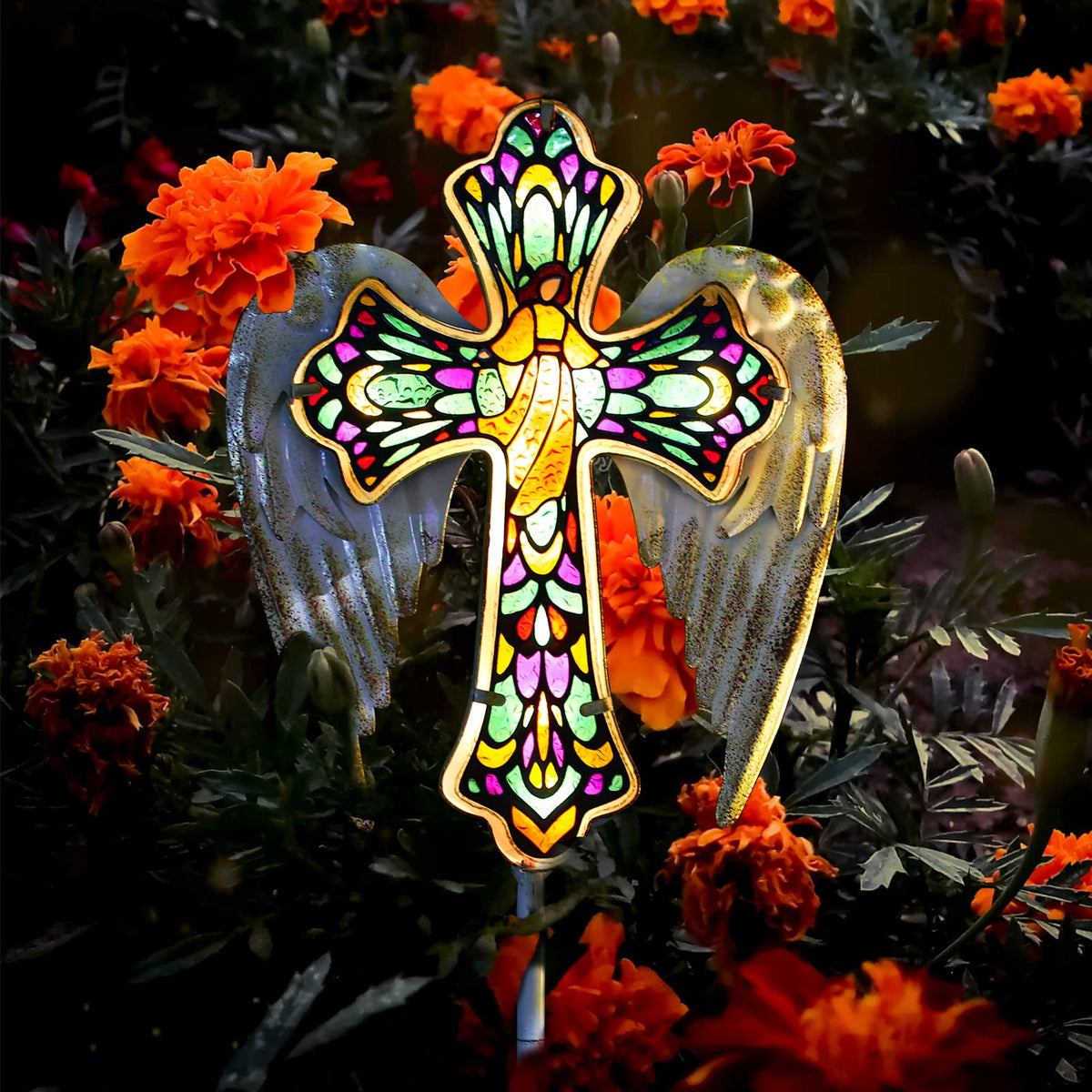 YJFWAL Solar Glass Cross Garden Stake Light, Cemetery Decorations for Grave Outdoor Lights, Easter Jesus Cross Angel Wings Sympathy Memorial Day Decor, for Garden Lawn Yard Patio