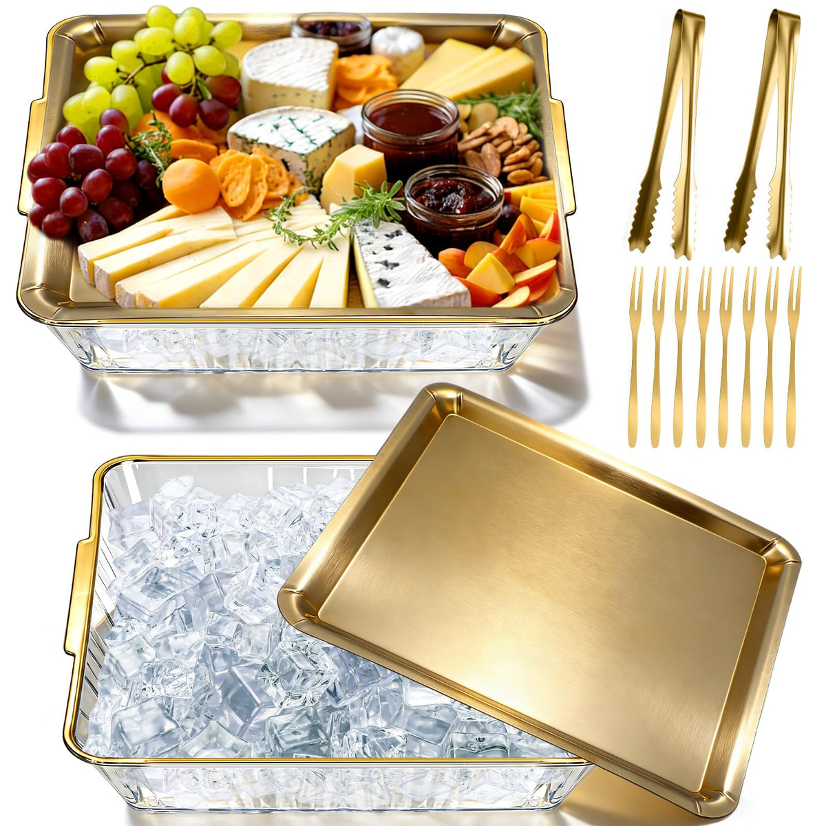 Baderke 2 Set Chilled Serving Tray for Christmas Parties Ice Chilled Party Platter Charcuterie Serving Board Cold Dish Dip with Forks Tongs for Fruit Seafood Vegetable Appetizer (11.81",Gold)