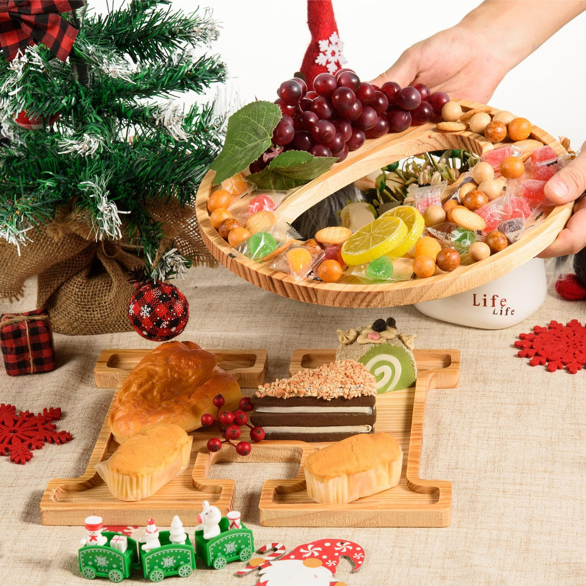 AWIZOM 2 Pcs Christmas Charcuterie Boards HO Wooden Serving Platters Christmas Pine Wood Trays Wooden Snack Cookie Dish Plates for Home Kitchen Xmas Holiday Housewarming Dinnerware Presents