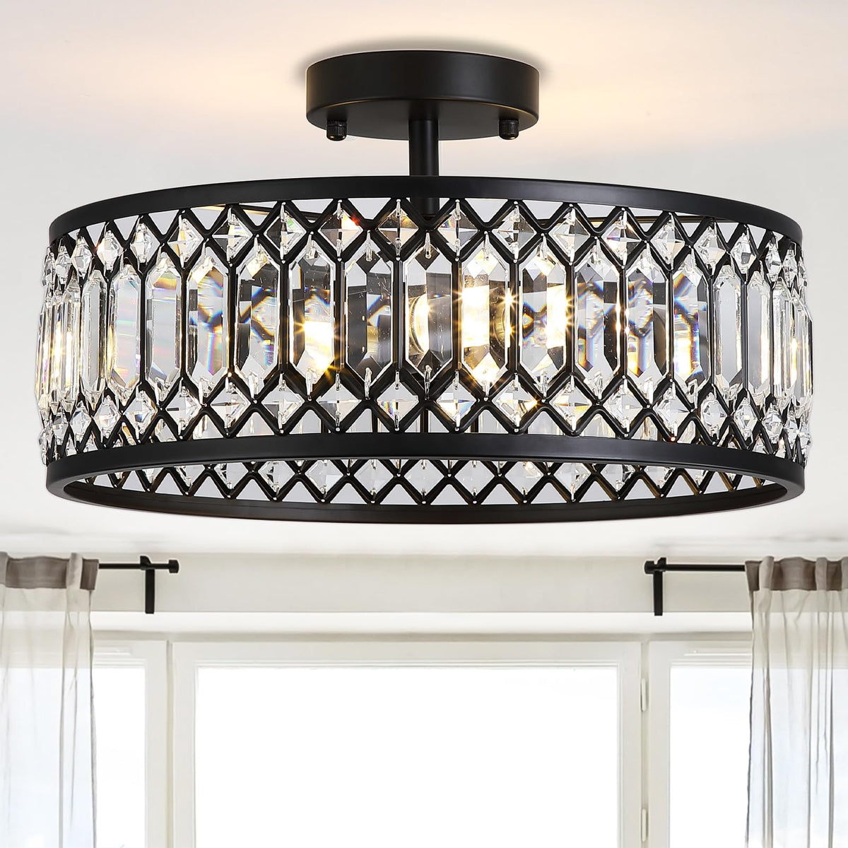 16" Black Crystal Ceiling Light, 3-Light Modern Semi Flush Mount Ceiling Light Fixture, Round Crystal Chandelier for Dining Room Bedroom Living Room Kitchen Hallway, E26 Sockets