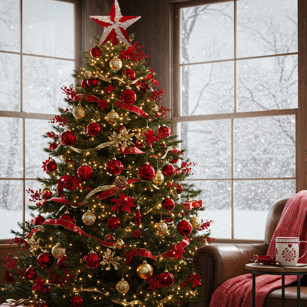 Soulchen 7.87 Inches Christmas Tree Topper Velvet Glitter Star Tree Topper Red Silver Holiday Bethlehem Star Ornament Decorative Christmas Decoration Xmas Gift Home Decor
