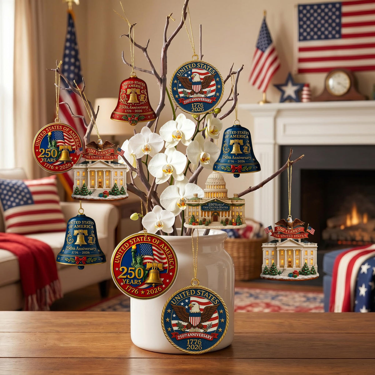 4pc 250th Anniversary USA Bell Ornament for 4th of July Decorations, 2D Acrylic 250 Anniversary Merchandise, America 250th Birthday Gifts, 250th Patriotic Decorations for Holiday Ornament Gift Bulk