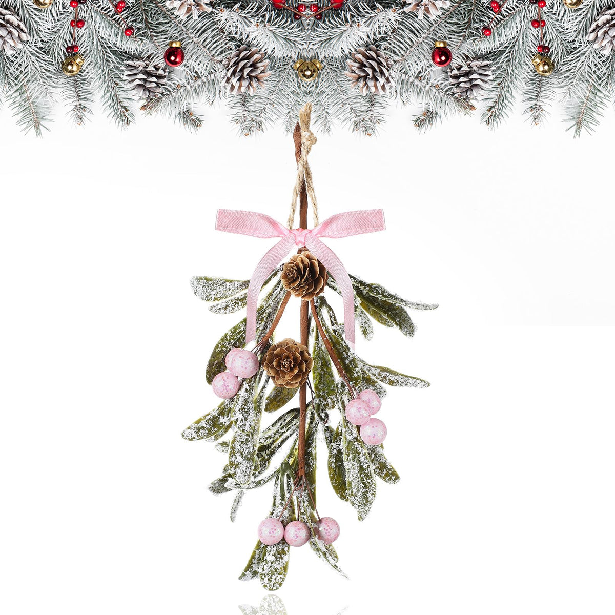Giegxin 1 Piece Christmas Artificial Mistletoe Ornament with Bow Christmas Hanging Mistletoe Decoration Bouquet Floral Natural Pine Cones Holiday Decor Ornament Bouquet (Pink Style,Pink)