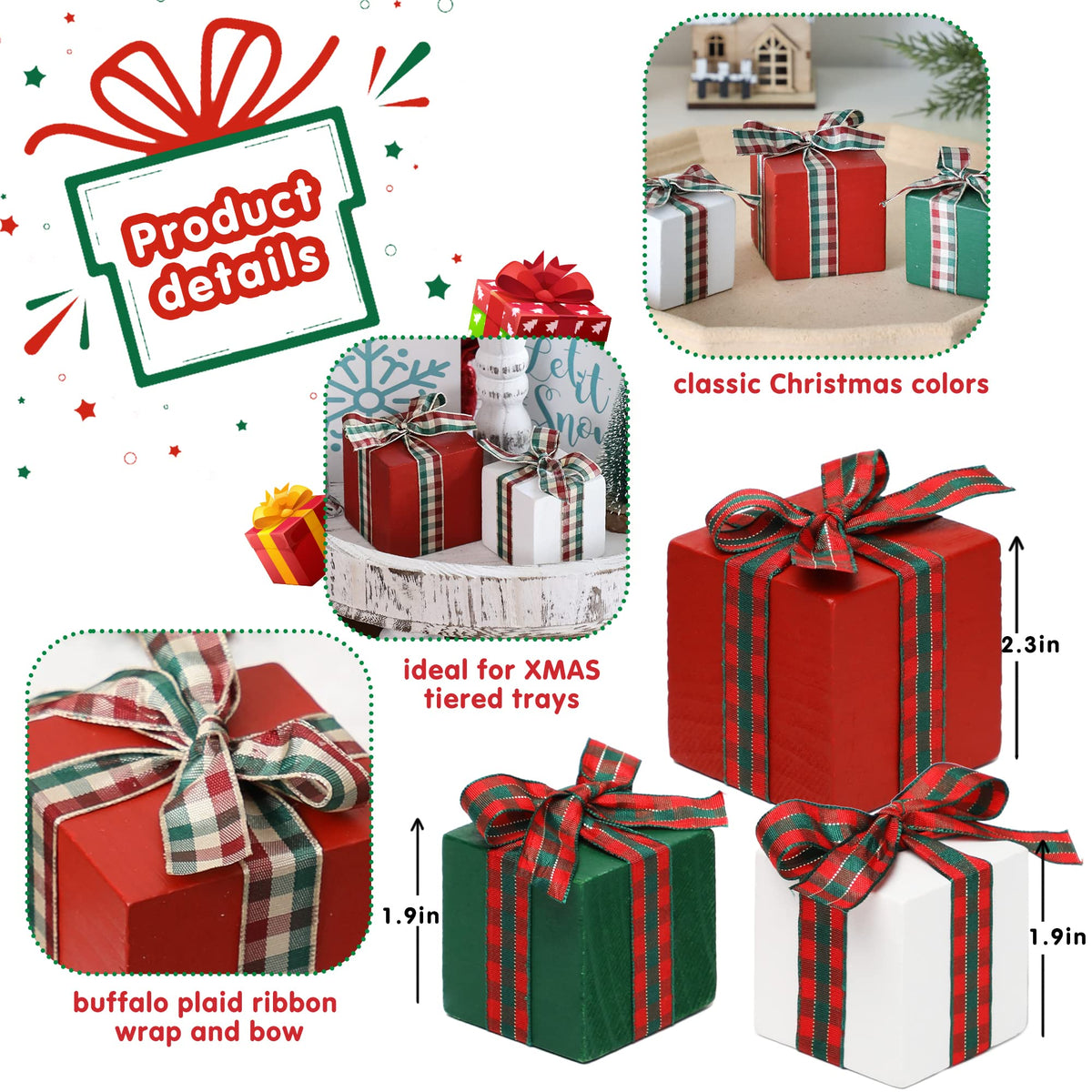 Christmas Tiered Tray Decor Set of 3 Mini Wood Small Table Decor Shelf décor (Buffalo Plaid 1)