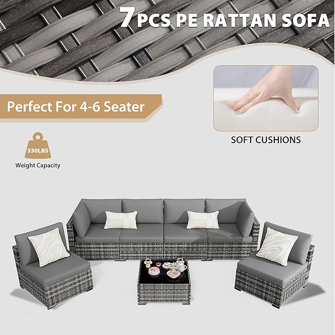 KIGOTY Patio Furniture Set, 7 Pieces Modular Outdoor Sectional Sofa, PE Rattan