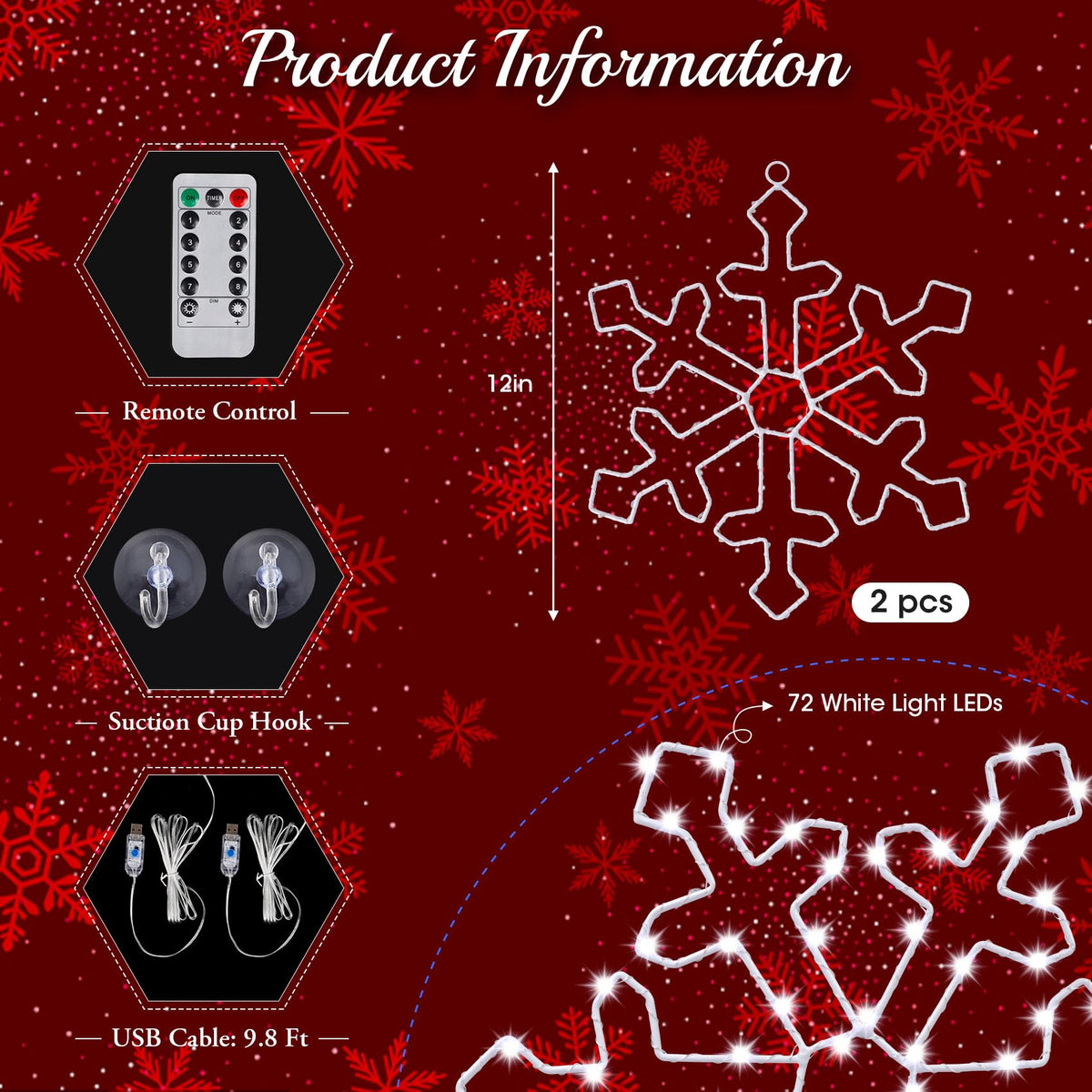 Attmu 2 Pcs Christmas Snowflake Window Lights with 144 LED Cool White, 8 Lighting Modes 12 Inches Snowflake Lights Outdoor Decorations for Home Window Display Furniture Xmas Decor