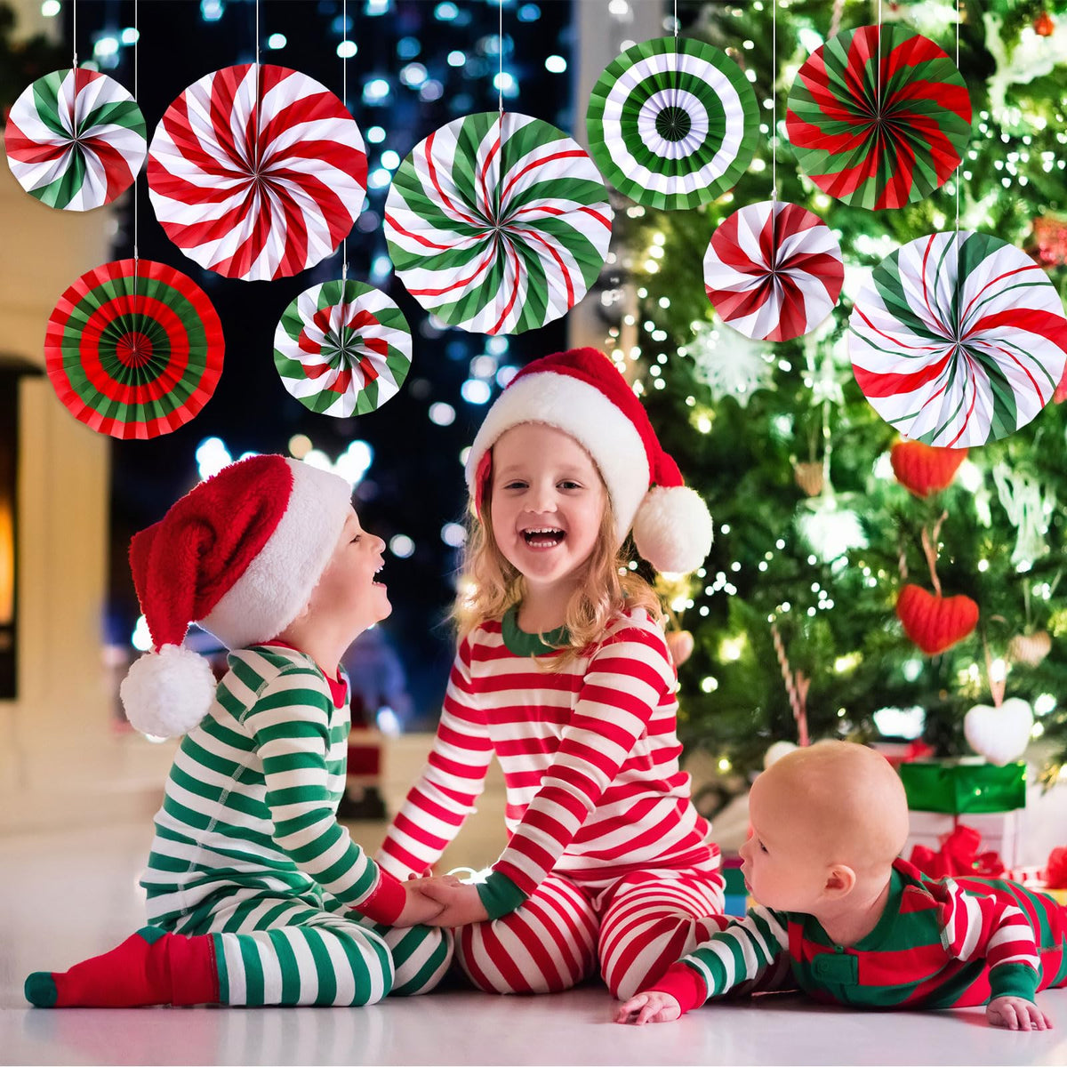 Outus 27 Pcs Christmas Hanging Decorations Candy Paper Fans Peppermint Hanging Paper Fans Candy Cane Ceiling Wall Decor for Christmas Party Classroom Birthday Party (Fresh)