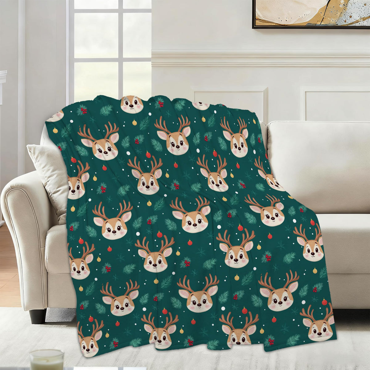 Cute Elk Throw Blanket for Couch Home Decoration,Green Christmas Pine Leaf Cozy Fluffy Blanket,Decorative Flannel Fleece Fall Throw for Sofa Living Room Travel,Camping,Naps,Reading50 X 60 Inch