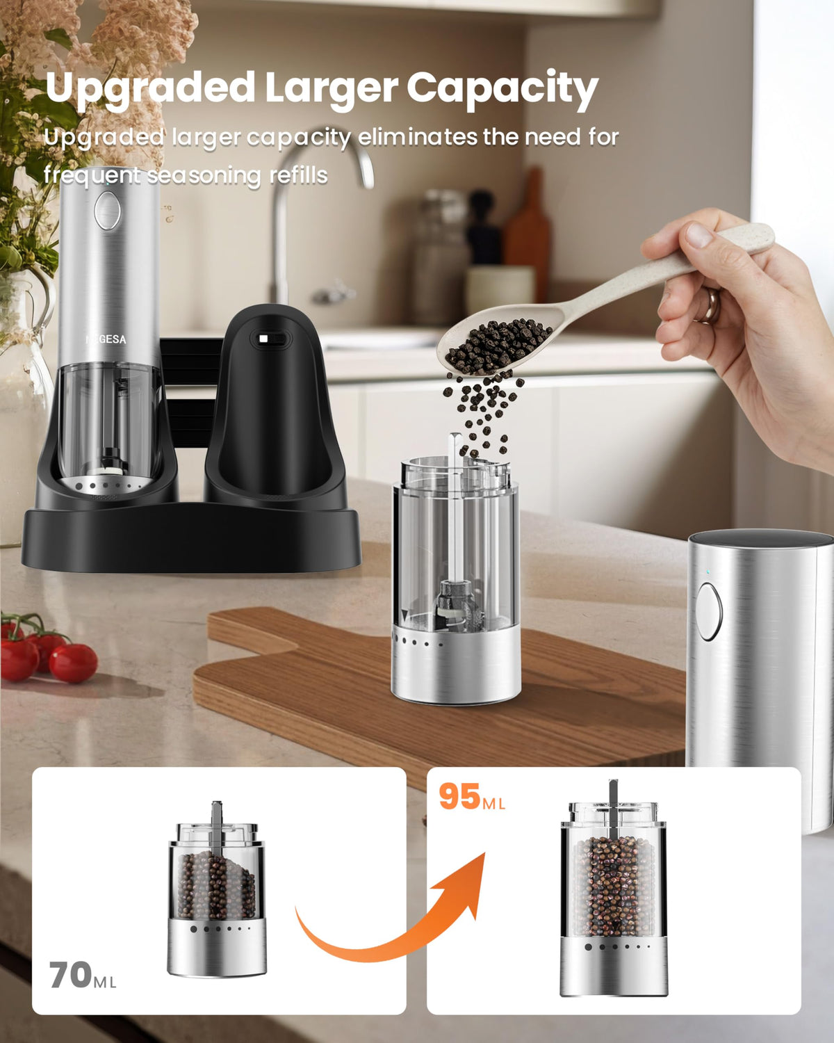 Electric Salt and Pepper Grinder Set with Rechargeable Base - Automatic Refillable Electric Salt and Pepper Shakers with Large Capacity, LED Light & Adjustable Coarseness, Stainless Steel