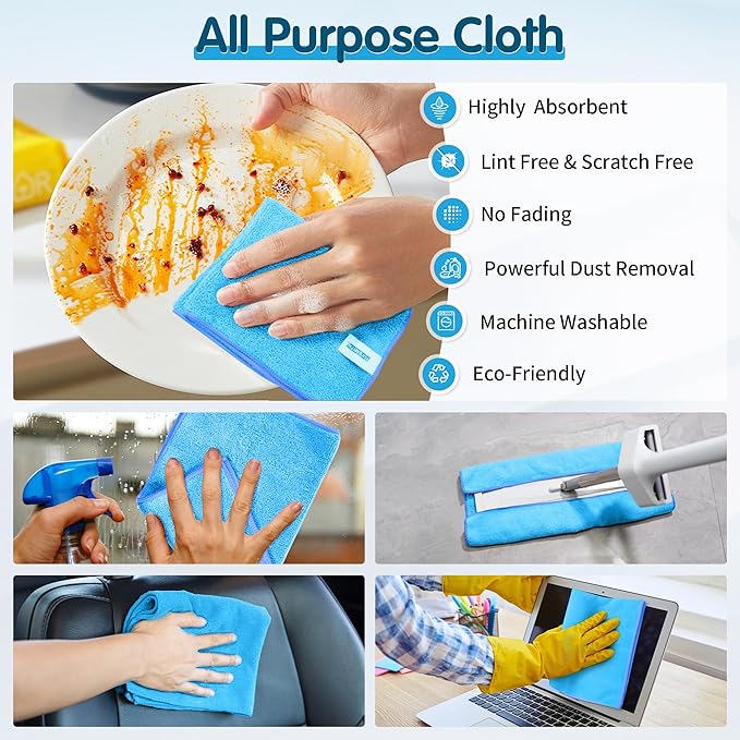 FIXSMITH Blue Microfiber Cleaning Cloth -Pack of 8, Highly Absorbent Cleaning