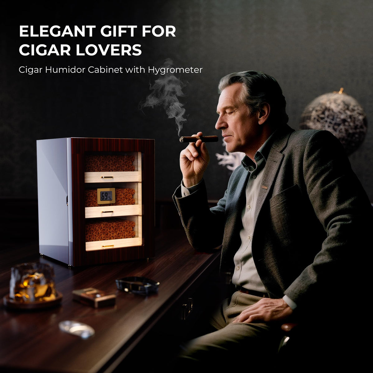 Woodronic Cigar Humidor Cabinet for 150 Counts with Spanish Cedar Lining, Crystal Gel Humidifiers, Digital Hygrometer & Larger Drawers, Glossy Ebony Finish, Desktop Cigar Gift for Men
