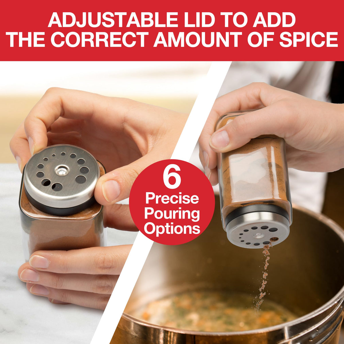 Adjustable Glass Spice Jars (Set of 12) with 6 Pouring Sizes- Stainless Steel Lid/Cap- Square Seasoning Bottle Containers for Minimalist Kitchen Pantry Storage Organization- Fill Shaker w Salt Pepper