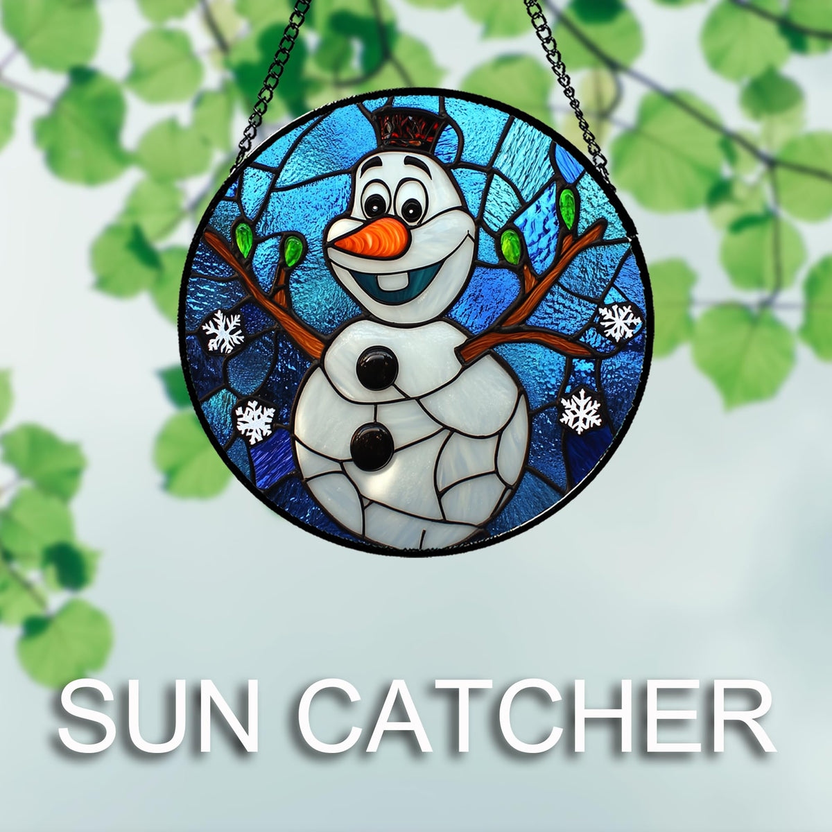 JOSUMALY Stained Glass Window Hanging Christmas Funny Snowman 7.8" - Suncatcher Door Garden Blue White Snowflakes Sun Catcher New Year Birthday for Friend Mom Men Woman Nana