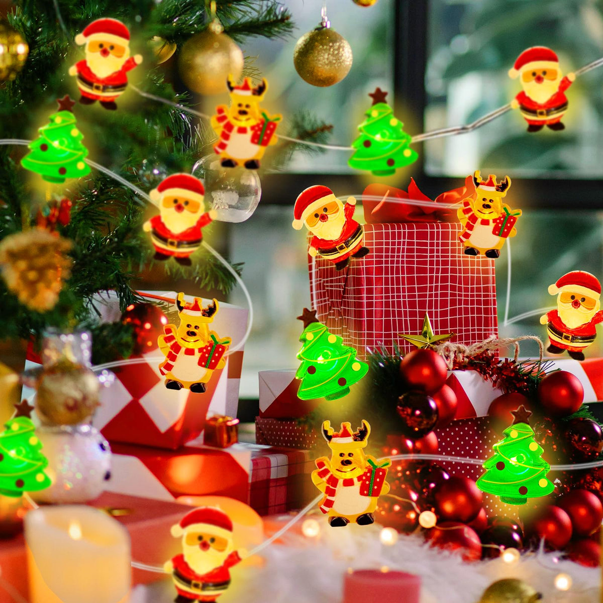 Yooumoga Christmas String Lights - 16FT 50 LED Santa Claus/Deer/Tree Fairy Lights, Battery/USB Powered with Remote & 8 Lighting Modes for Indoor Outdoor Xmas Tree Party Decor (2 Pack-USB)