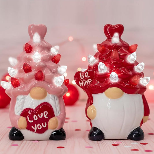 Valentines Day Decorations Pink&Red Lighted Up Ceramic Gnome Tree, Gnomes Figurines for Table Centerpieces Home Decor Indoor Outdoor Party, Valentines Day Gifs Home Decor for Couples Anniversary