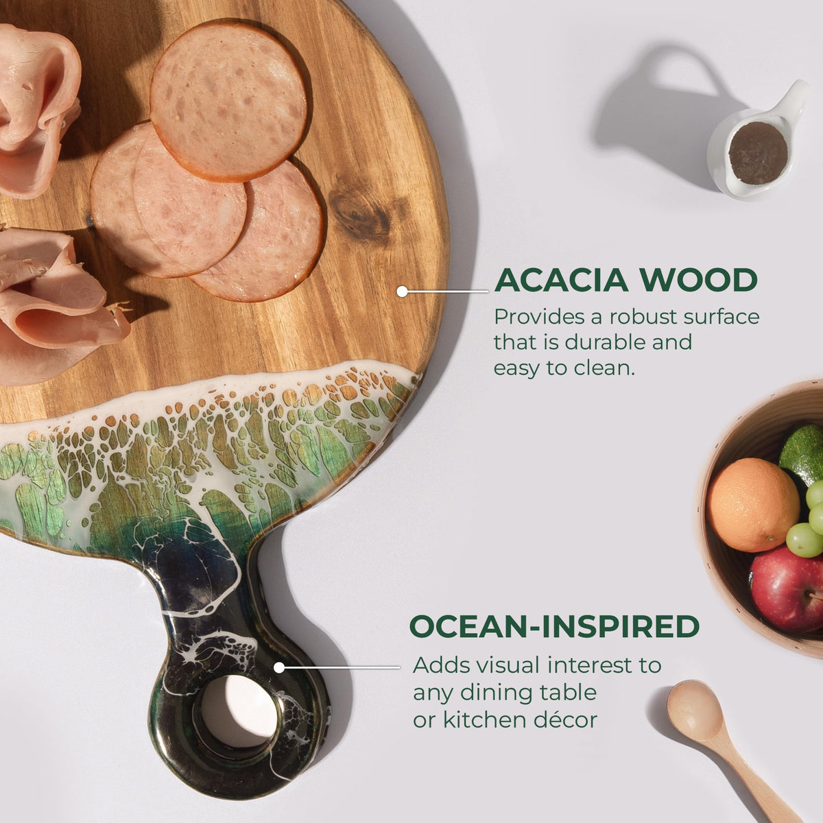 VWOOX Acacia Wood Serving Board with Ocean Resin Art, 18.1" x 13" Charcuterie Cheese Tray for Display & Prep, Cutting Board on Back, Includes Stand & Loofah, Christmas Housewarming Gift (Round)