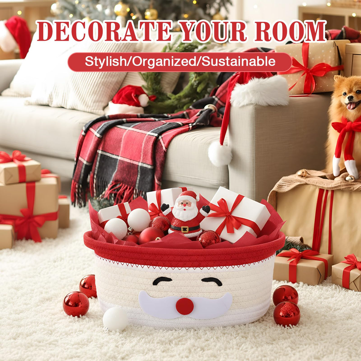 Zopeal Christmas Woven Basket with Gift Bag, Ribbon and Red Tissue Paper Santa Emoticon Woven Storage Bin Empty Basket Holiday Decorative for Xmas Gifts, 12 x 8 x 5 inch