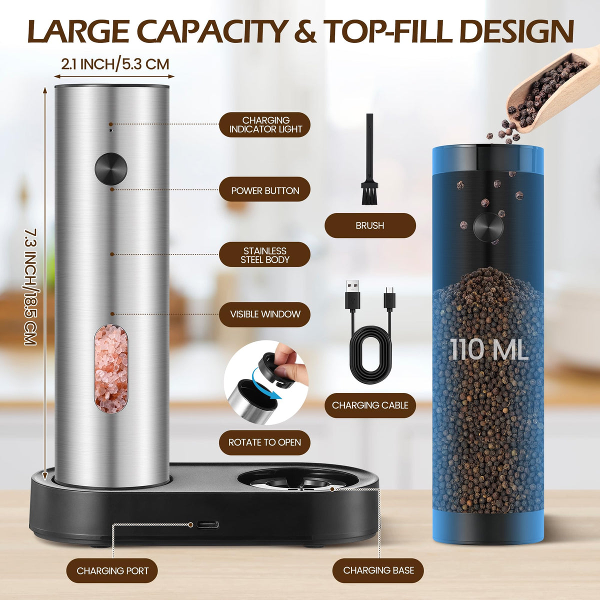 CapyBud Electric Salt and Pepper Grinder Set, 110 ml Rechargeable Automatic Salt and Pepper Shakers with Adjustable Coarseness Charging Base LED Light Ceramic Grinder Core for Kitchen Outdoor Gift