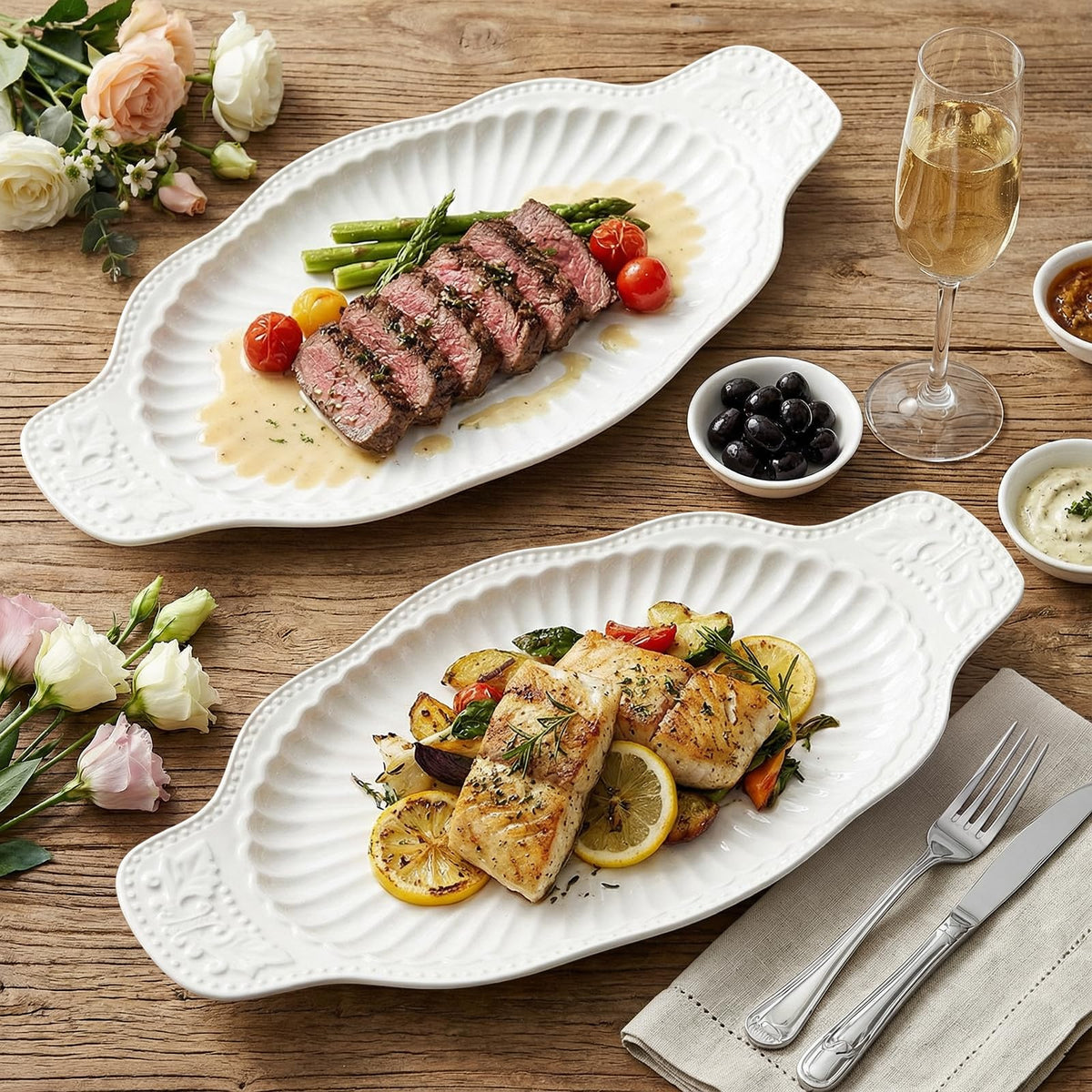 Suwimut 2 Pack Porcelain Oval Serving Platters, 14 Inch Large Embossed White Serving Plates for Entertaining, Oven Safe Stackable Ceramic Dinner Tray for Fish, Meat, Appetizers, Fruits, Dessert