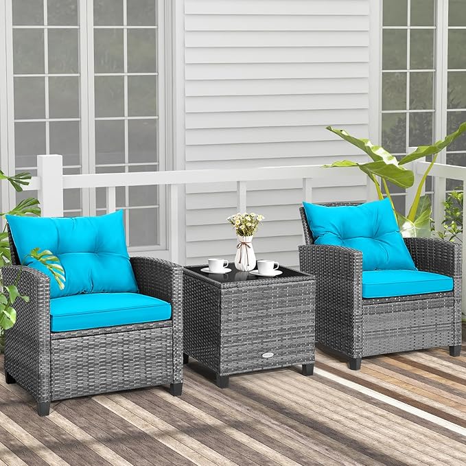 COSTWAY 3PCS Patio Furniture Set, PE Rattan Wicker Sofa w/Washable Cushion and