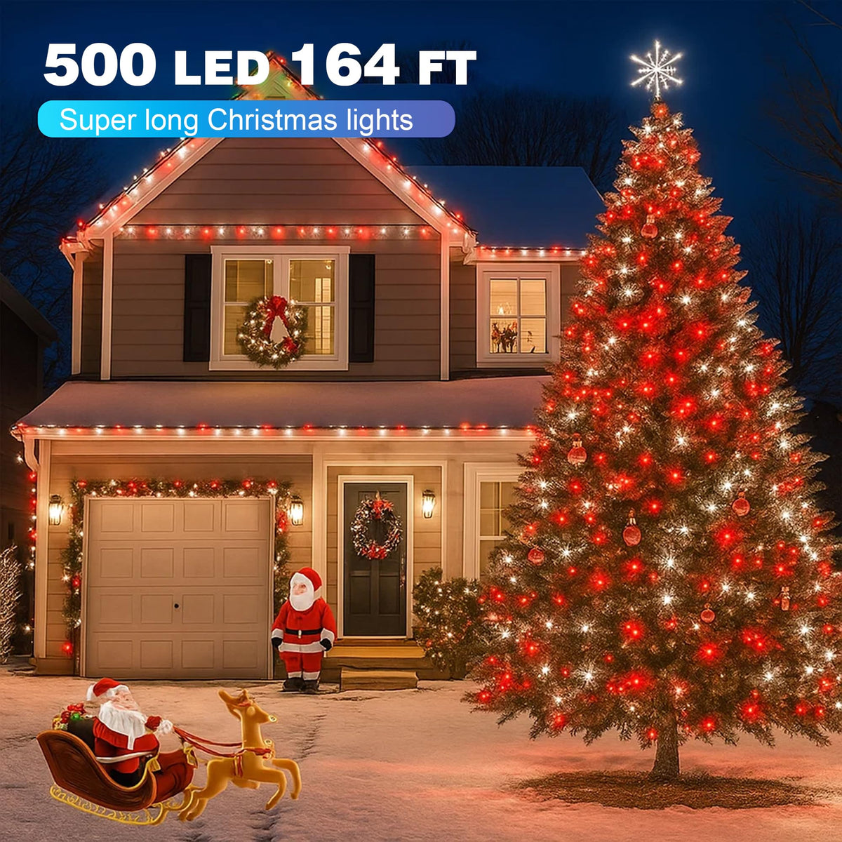 Domolli Christmas Lights 500LED 164FT, Waterproof Christmas Tree Lights with 8 Modes, Remote Control 3 Timers & Memory Function Xmas Decorations for House and Holiday (White and Red)