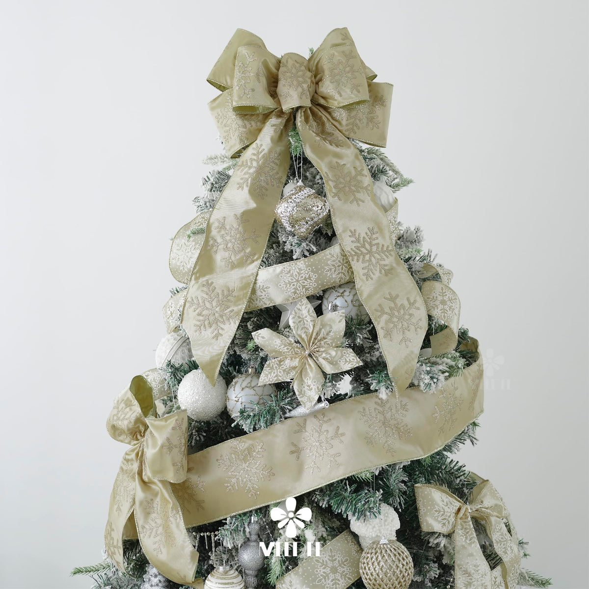 MEEDEE 4 Inch Champagne Gold Snowflake Ribbon Satin Wired Christmas Tree Ribbon with Champagne Glitter Snowflake 10 Yards Champagne Gold Ribbons for Christmas Tree, Garlands, Topper Bow