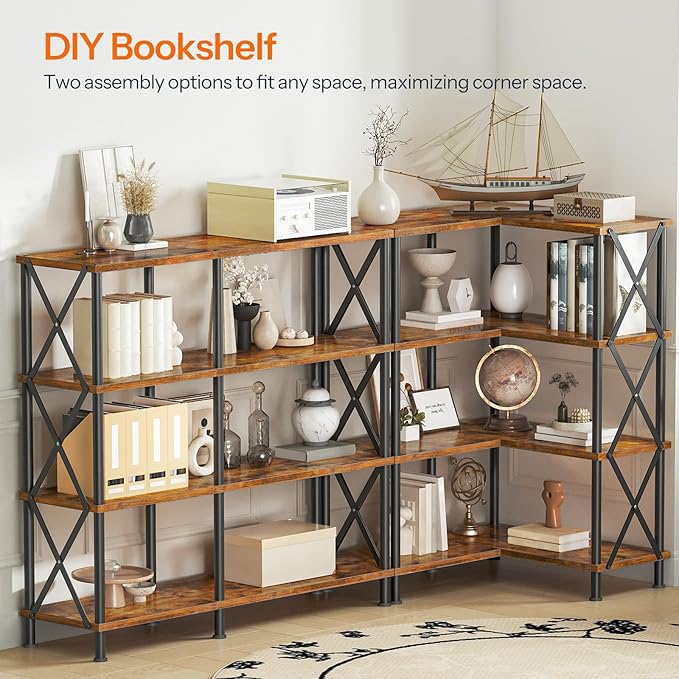 HOOBRO Corner Bookshelf, 4-Tier L-Shaped Bookcase, Industrial Open Display