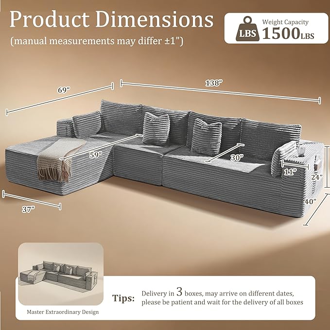 138" Oversized Cloud Sectional Couch, Comfort L Shaped Boneless Couch