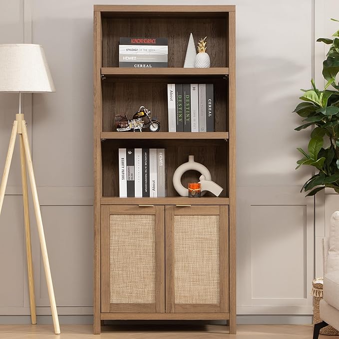 SICOTAS Bookcase 71" Tall Bookshelf 5 Tier Rattan Boho Bookcase