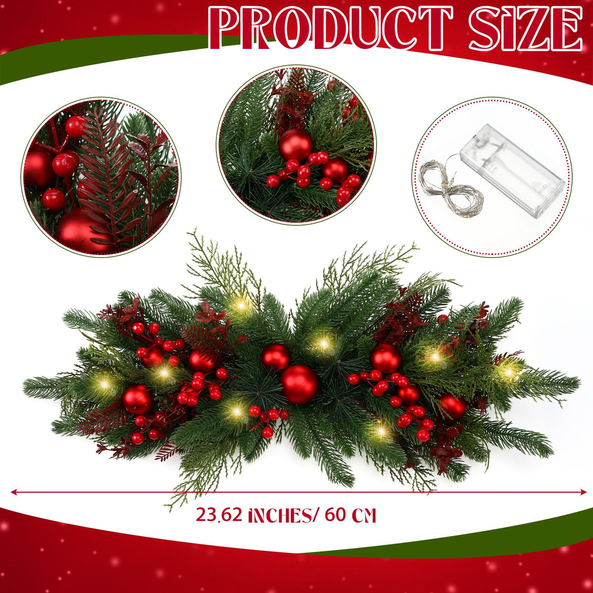 Yalikop 24.5 inch Christmas Swags with Light Artificial Pine Needles Swag Decoration Greenery Christmas Swag for Front Door Window Stair Fireplace Mantle Holiday Xmas Decor(Ball and Berry)