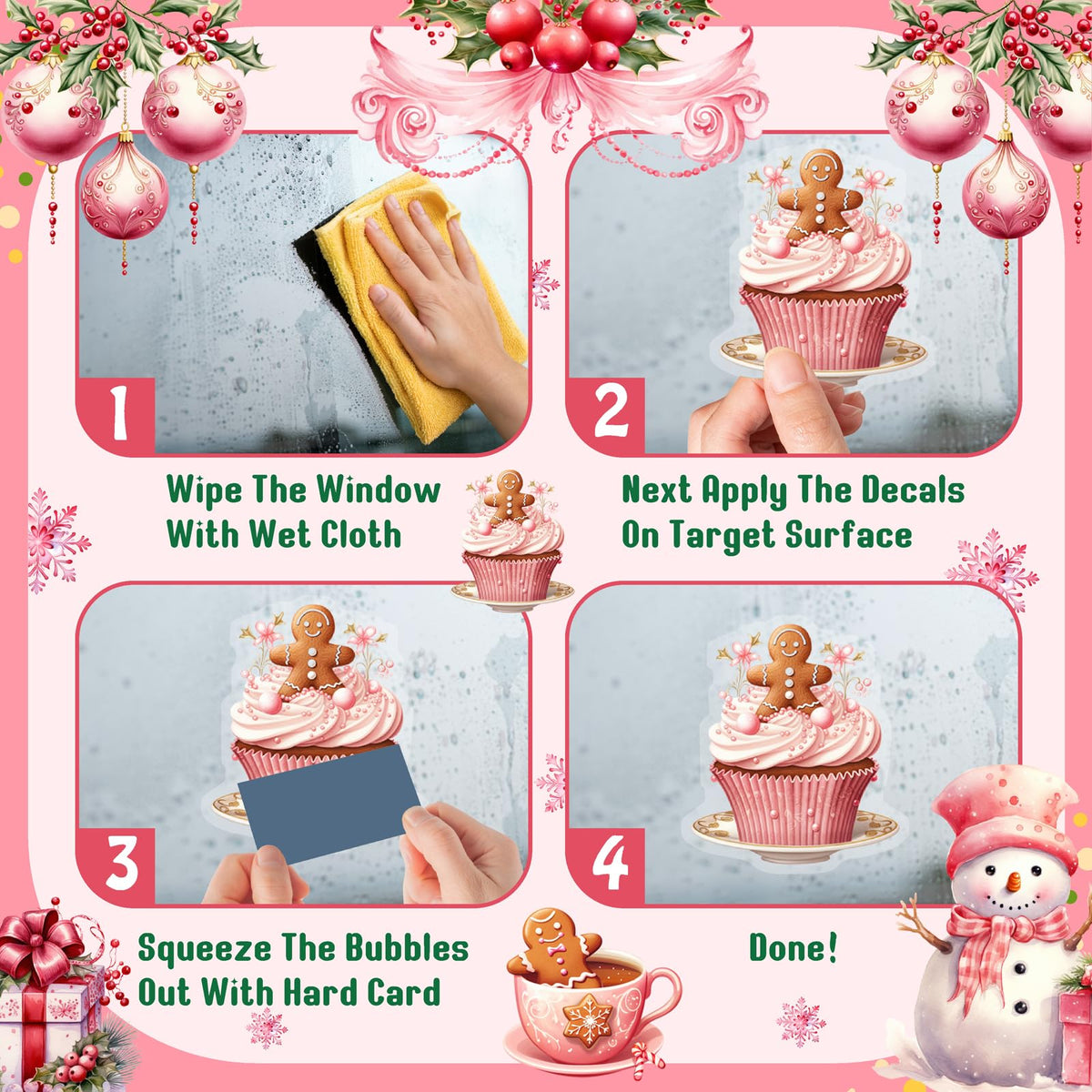 Pink Christmas Window Clings Removable Snowman Static Decals Indoor Home Decoration Double-Sided Xmas Tree Stickers for Glass Winter Pine Tree Snowflakes Cling for Living Room Holiday Party Supplies