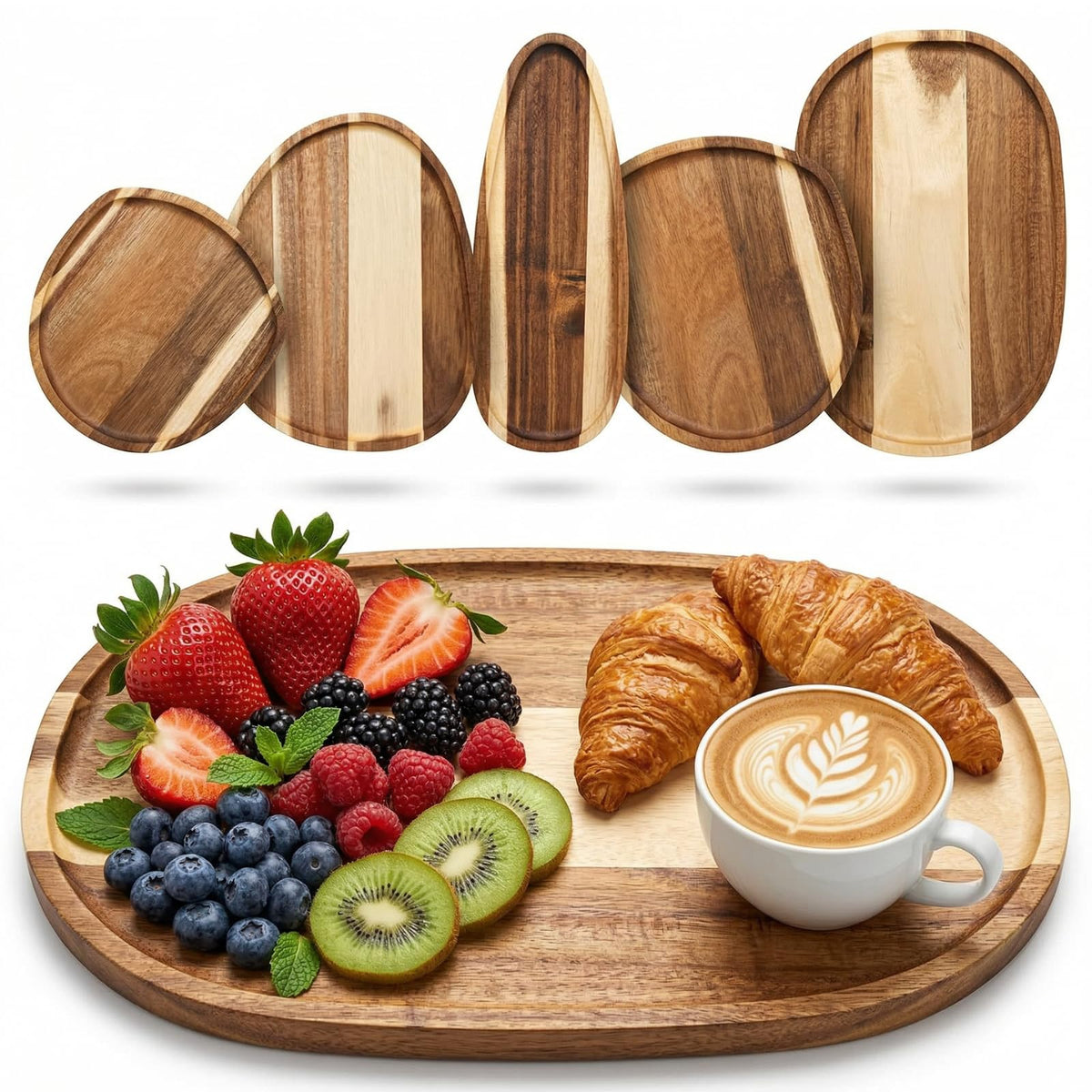 Okllen Set of 5 Small Acacia Wood Serving Platter and Trays, Irregular Oval Solid Wood Plates Serving Tray, Lightweight Wood Dinner Plates for Breakfast, Coffee, Tea, Snack, 6.3~11.7" L, 5.1~8.2" W