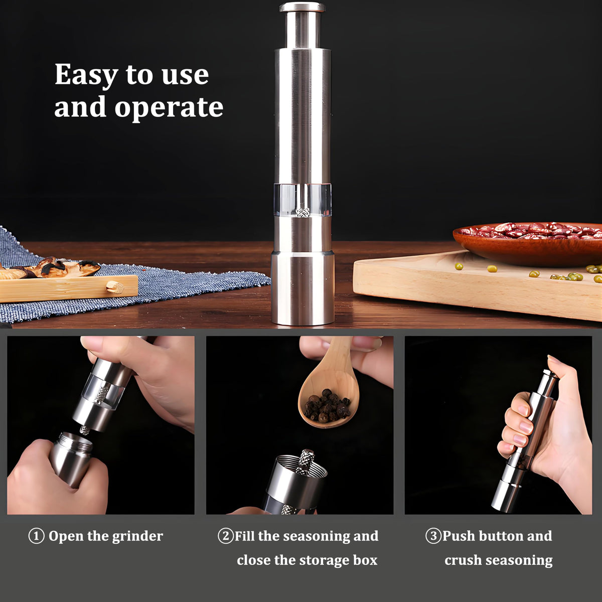 LntJoQxbm Push button salt and pepper grinder, One handed seasoning spice mill gadgets, 1 Pcs or Buy more, Solid stainless, silver