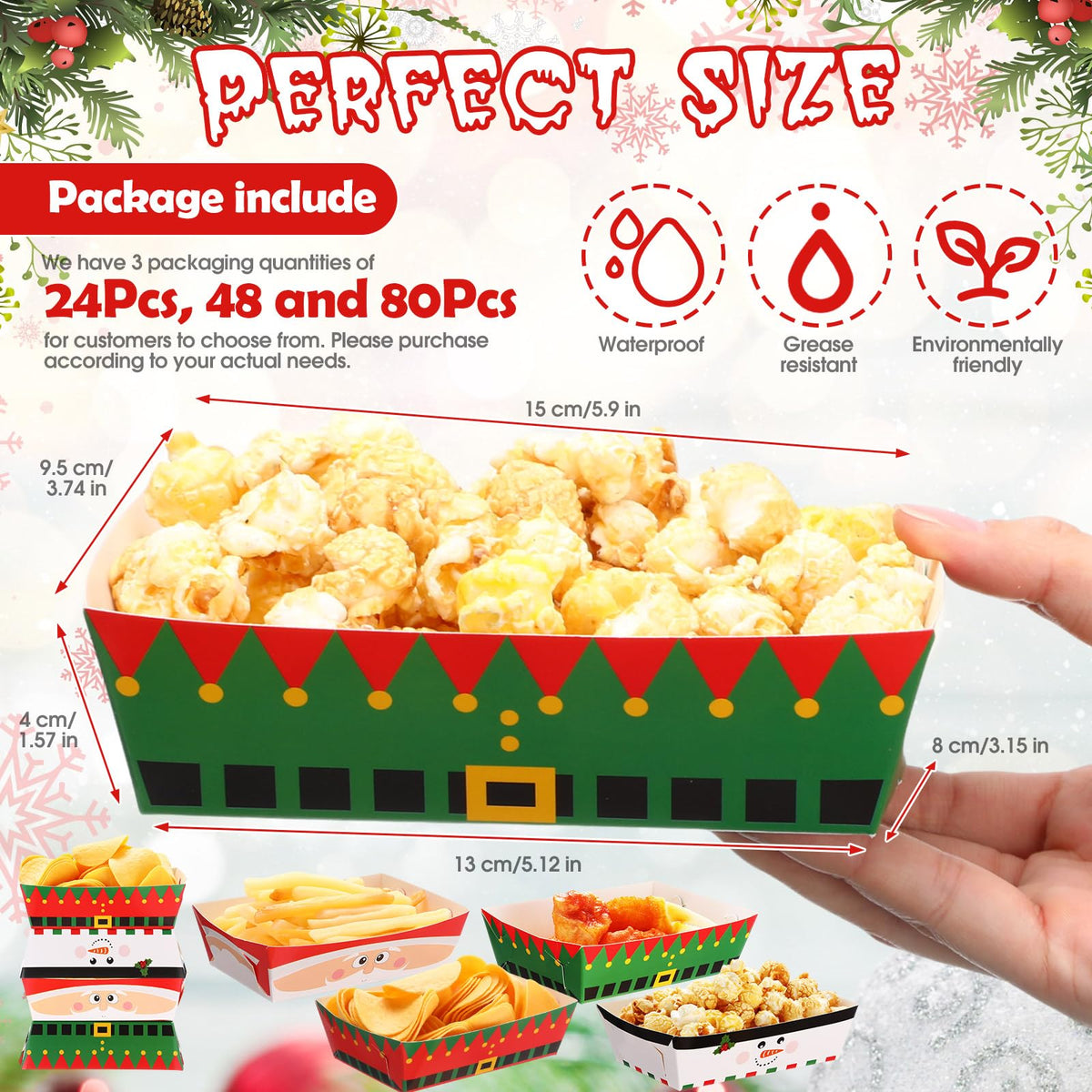 Dunzoom 48 Pcs Christmas Paper Food Trays Plates Disposable Christmas Movie Snack Trays Santa Elf Snowman Red Green Plates Nacho Hot Dog Serving Boat for Xmas Party Supplies Decoration (Style 1)