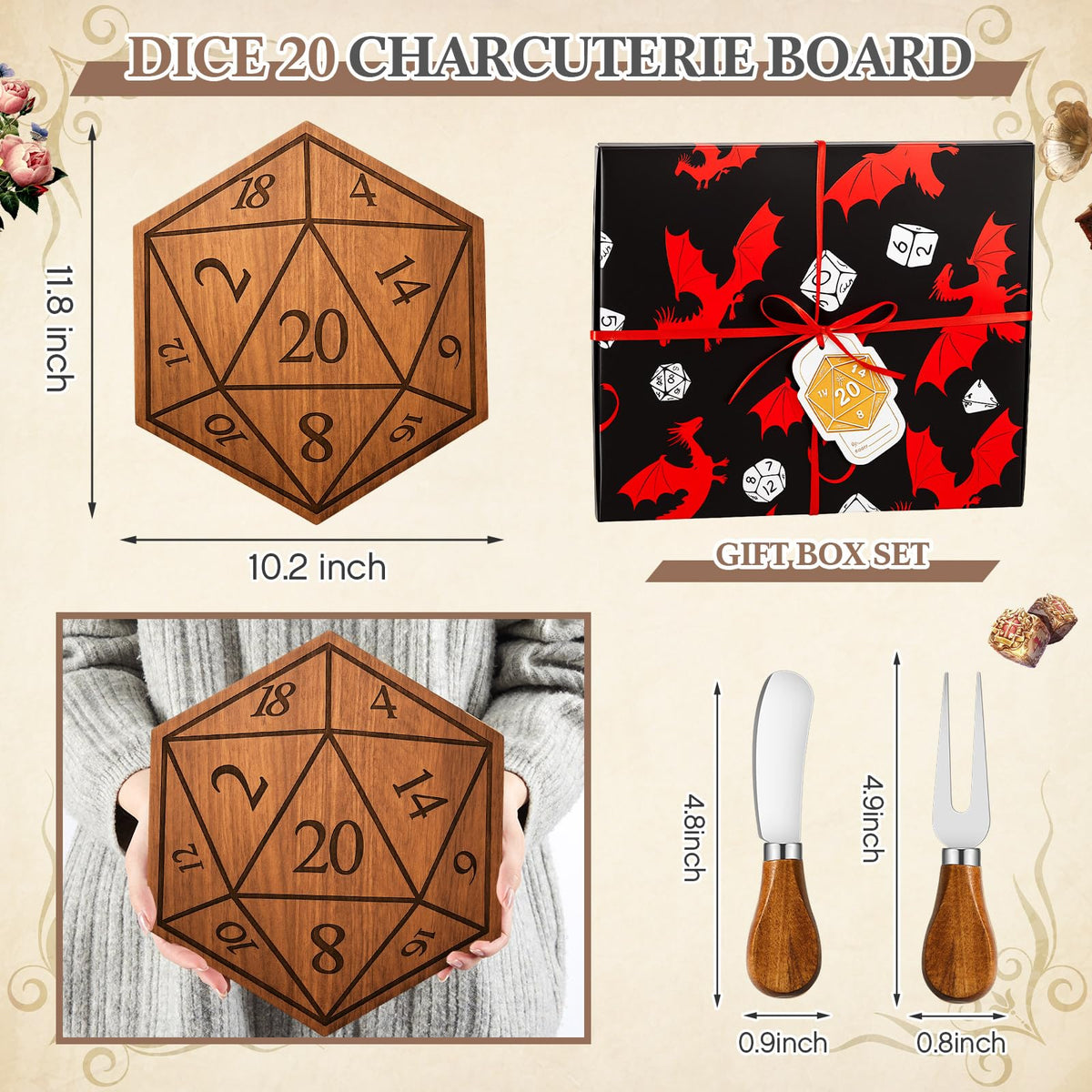 Ziliny D20 Shaped Charcuterie Board Set Cutting and Cheese Board Wooden Platter with Knives and Forks Serving Trays Gift for Christmas Kitchen Food Fruit(Acacia)