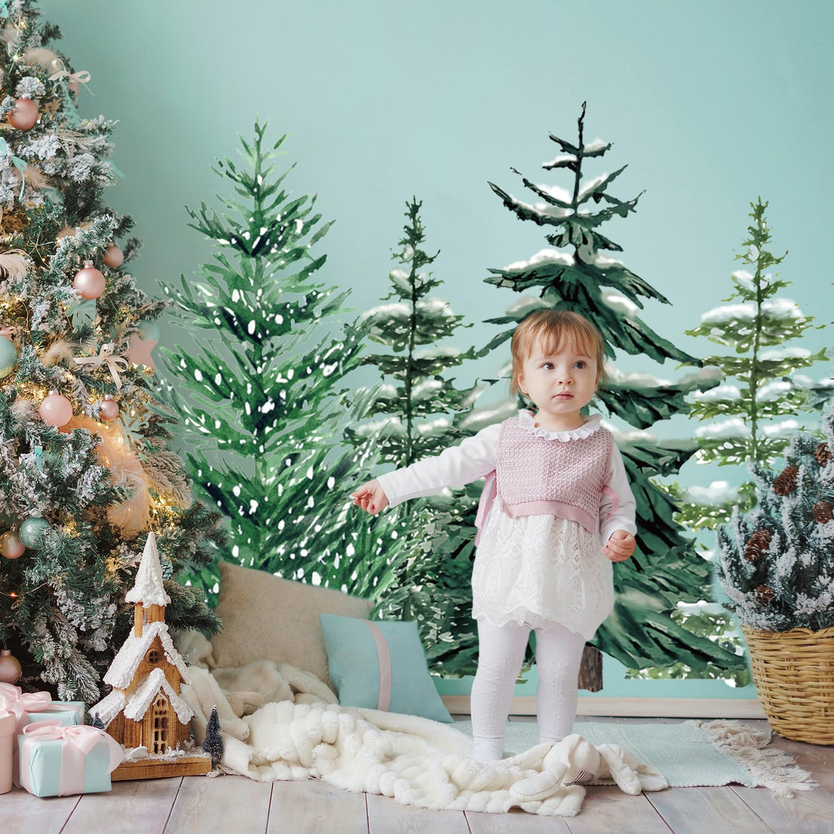 JarThenaAMCS 6 Sheets 35.4 x 71 Inch Winter Christmas Wall Stickers Snowy Forest Pine Tree Wall Stickers Peel and Stick Large Room Mural Decals for Xmas Home Party Decoration