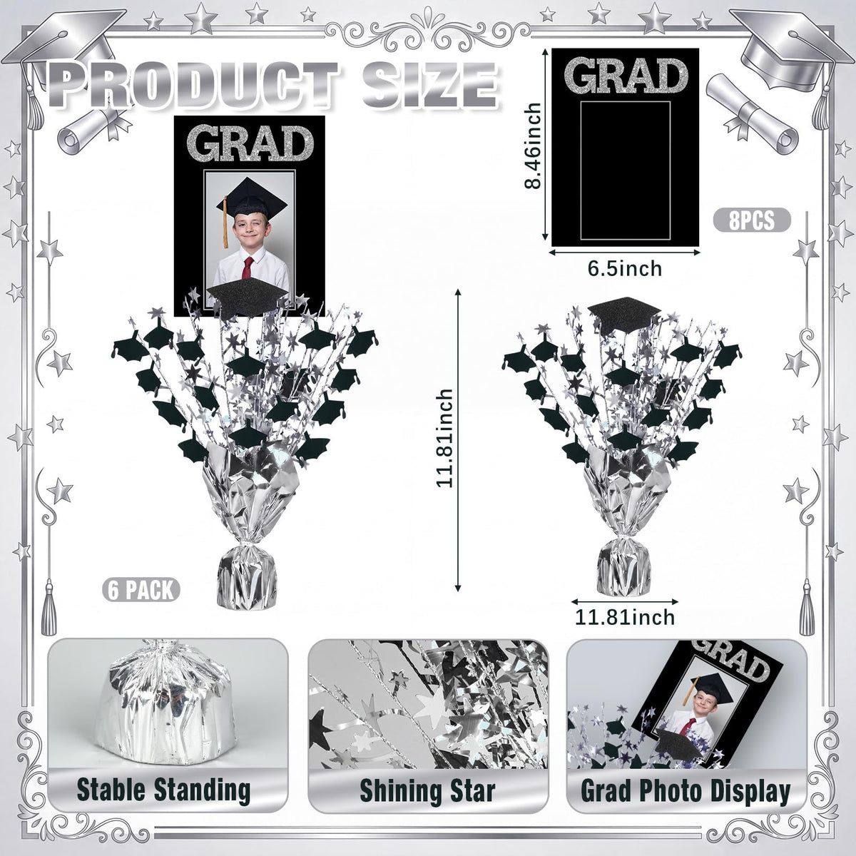 Capoda 6 Pack Graduation Table Centerpiece Party Decoration Metallic Foil Spray Centerpiece Glitter Star Tabletop Decor for 2026 Graduation Party Congrats Grad Decor Supplies (Photo,Black Silver)