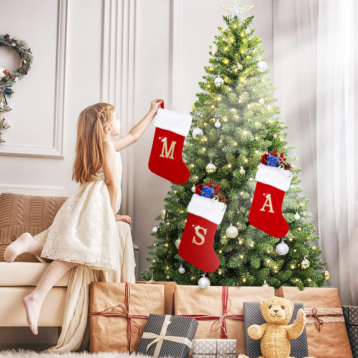 Sailup 20 Inches Monogram Christmas Stockings with Letters, Large Super Soft Christmas Stockings Red Velvet with White Super Soft Plush Cuff for Christmas Xmas Tree Holiday Fireplace (I)