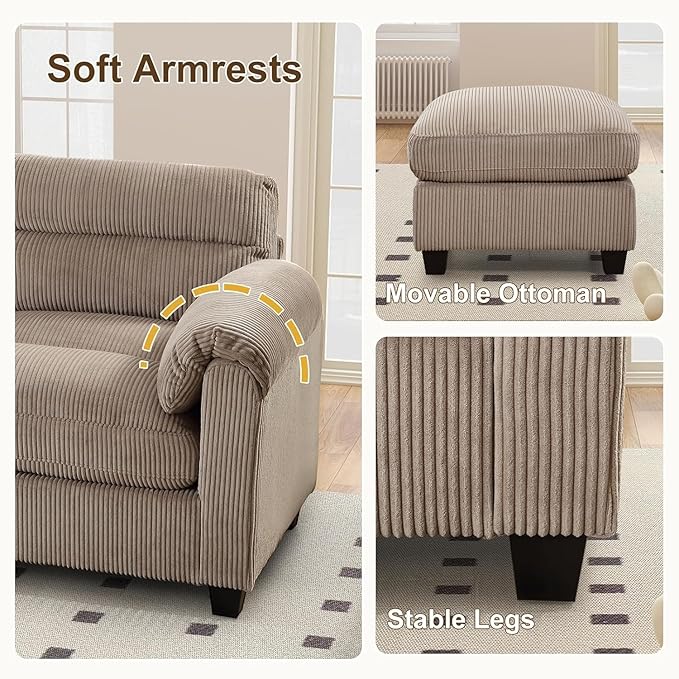 HAOMARKETS Corduroy Sofa Set, Upholstered Loveseat and 3-Seater Couch Set of 2